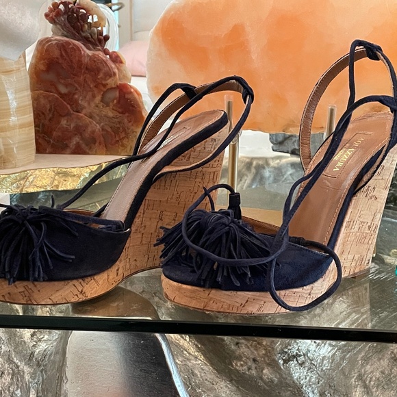 Aquazzura "Wild One" Navy Suede Tassel Wedge Espadrille - Picture 2 of 3